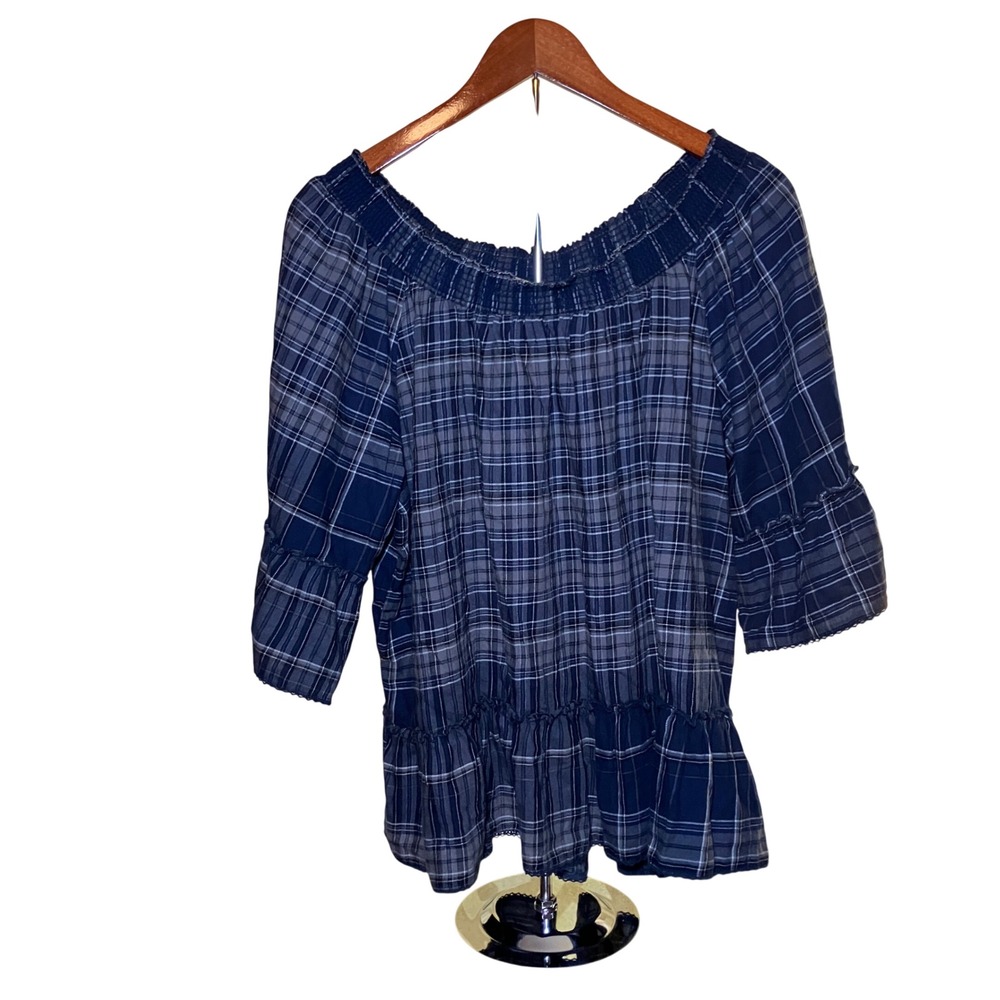 Democracy Plaid Blouse Womens 1X Navy Blue  Off Shoulder Ruffle Boho